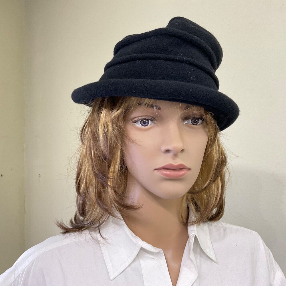 Scala Hat Cloche Womens One Size Black Wool Felt Rolled Brim Fall Winter - Picture 2 of 6